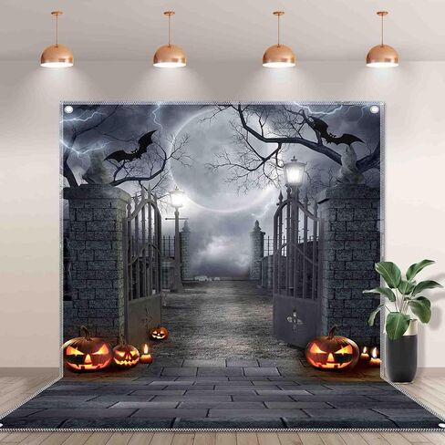 5x7ft Fabric Halloween Full Moon Night Backdrop Pumpkin Scary Graveyard Photography Background Spooky Party Decorations Banner Photo Booth Props in Kuwait