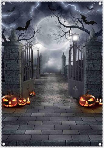 5x7ft Fabric Halloween Full Moon Night Backdrop Pumpkin Scary Graveyard Photography Background Spooky Party Decorations Banner Photo Booth Props in Kuwait