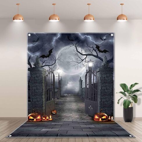 5x7ft Fabric Halloween Full Moon Night Backdrop Pumpkin Scary Graveyard Photography Background Spooky Party Decorations Banner Photo Booth Props in Kuwait