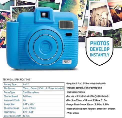كاميرا SHARPER IMAGE الفورية مزودة بفلاش و5 أوضاع إضاءة، متوافقة مع فيلم Mini Film الفوري، باللون الأزرق in Kuwait