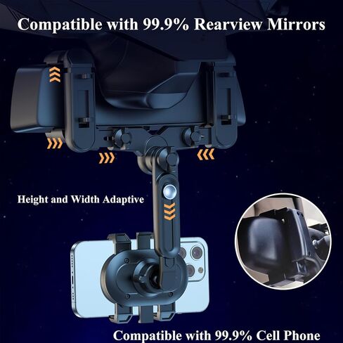 Phone Mount for Car, Rear View Mirror Phone Holder, 360 Rotatable and Retractable Phone Holder for Trucks/Bus/SUV/MPV Compatible, with iPhone iOS Android All 4-7 in Cell Phones, Black in Saudi Arabia