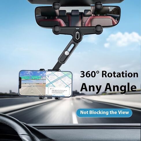 Phone Mount for Car, Rear View Mirror Phone Holder, 360 Rotatable and Retractable Phone Holder for Trucks/Bus/SUV/MPV Compatible, with iPhone iOS Android All 4-7 in Cell Phones, Black in Saudi Arabia