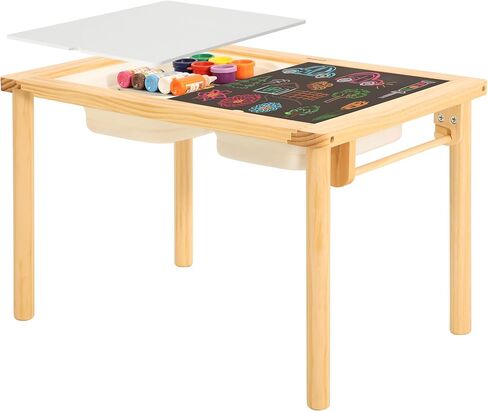 Sensory Table with 2 Foldable Storage Bins, Multifunction Wooden Sand and Water Table with Double-Side Board & Paper Roll Dispenser, Activity Game Table, Indoor Outdoor Use, for Kids in Saudi Arabia