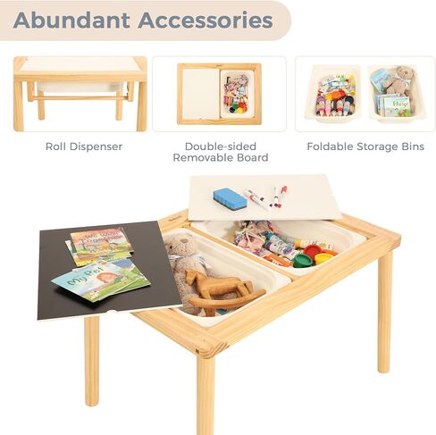 Sensory Table with 2 Foldable Storage Bins, Multifunction Wooden Sand and Water Table with Double-Side Board & Paper Roll Dispenser, Activity Game Table, Indoor Outdoor Use, for Kids in Saudi Arabia