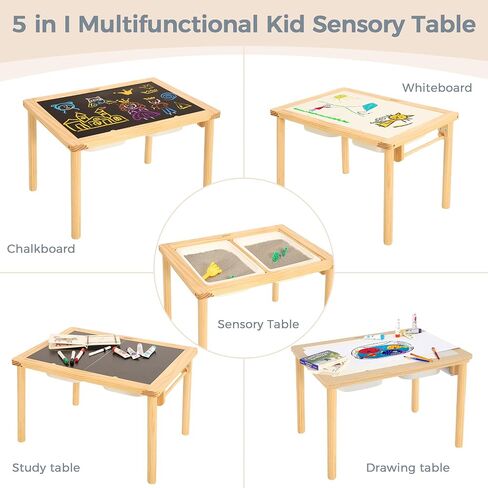 Sensory Table with 2 Foldable Storage Bins, Multifunction Wooden Sand and Water Table with Double-Side Board & Paper Roll Dispenser, Activity Game Table, Indoor Outdoor Use, for Kids in Saudi Arabia