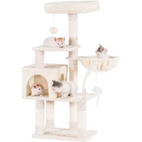 Heybly Cat Tree with Toy, Cat Tower condo for Indoor Cats, Cat House with Padded Plush Perch, Cozy Hammock and Sisal Scratching Posts, Smoky Gray HCT004SG