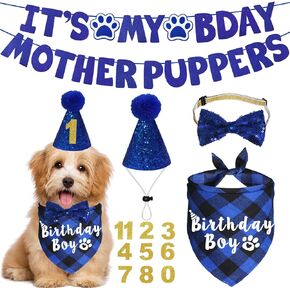 Dog Birthday Party Supplies, Multi Sizes Dog Birthday Bandana Boy Dog Birthday Hat Bow Tie Numbers It’s My Bday Mother Puppers Sign Banner for Large Extra Large Dogs Pets (X-Large, Blue)