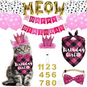 Cat Birthday Party Supplies, Cat Birthday Bandana with Cat Birthday Hat Bow Tie Birthday Number Cat Birthday Banner Balloons Meow Letter Balloons for Cat Kitten Birthday Decorations