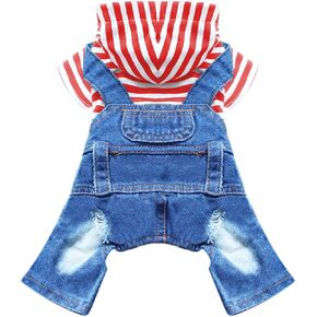 Small Dog Hoodie Clothes Cute Stripe Shirts Denim Jumpsuit One-Piece Outfit for Small Medium Dogs Cats Boy Girl Chihuahua Blue Jeans Overalls Puppy Costume (Blue,XS)