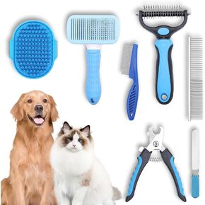 طقم العناية بالكلاب مكون من 7 قطع، فرشاة لإزالة تساقط الشعر، فرشاة دبوس للكلاب، مشط للبراغيث للكلاب، مشط معدني، فرشاة حمام، مقص أظافر للكلاب ومبرد أظافر، مجموعة فرشاة للكلاب الصغيرة والمتوسطة والكبيرة (أزرق) in Kuwait