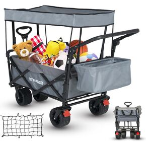 Collapsible Garden Cart with Removable Canopy, 3-in-1 Utility Heavy Duty Wagon Cart with All-Terrain Wheels, Adjustable Handle, Seat Belt, 300LBS Folding Wagon for Camping (Blue)