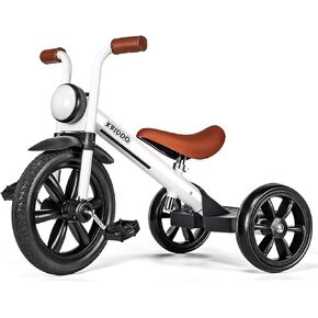 KRIDDO Kids Tricycle, 12 Inch Puncture Free Wheel w Front Light, Adjustable Seat Height, Gift for 2-5 Year Olds, Trike for Toddlers, Black