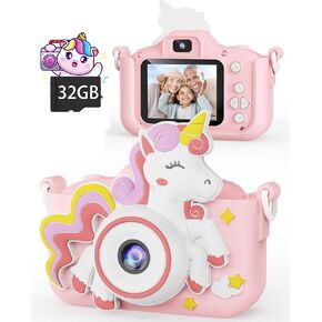 Kikapabi Unicorn Kids Camera Toys for Girls Boys Age 3-8, Christmas Birthday Gifts for Girls Age 3 4 5 6 7 8, Digital Camera with Silicon Cute Cover for Kids, Toddler Camera for Kids with 32G SD Card