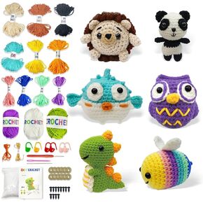 مجموعة أدوات الكروشيه المكونة من 6 قطع من TAIDUTY للمبتدئين، مجموعات حيوانات الكروشيه Amigurumi مع دروس فيديو خطوة بخطوة: الديناصورات والباندا والقنفذ والبومة والأسماك والنحل وحزمة الحياكة للمبتدئين للبالغين والأطفال
