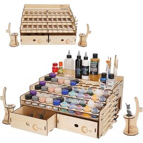 OPHIR Wooden Paint Organizer, Miniature Painting Storage Rack for 60 Acrylic Paint Bottles with 2 Drawers, 2 Painting Handle, 25 Paint Brush Holes and 1 Brush Holder for Miniature Paint Set