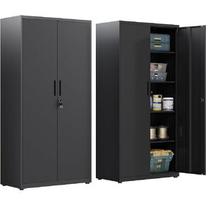 HAND IN HAND Metal Storage Cabinet, Garage Cabinet, Locking Office Cabinet with Adjustable Shelves, for Office, Garage and Utility Room, Black Sliver