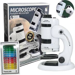 Pocket Microscope for Kids 60X-180X Kids Microscope Portable Microscope Mini Microscope Handheld Microscope with 14 Microscope Slides -White&Black