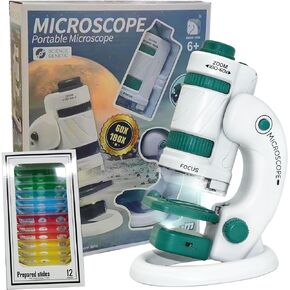 Pocket Microscope for Kids 60X-180X Kids Microscope Portable Microscope Mini Microscope Handheld Microscope with 14 Microscope Slides -White&Black