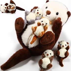 Shappy 5 Pcs Sea Otter Stuffed Animals Set 16.5 Inch Mommy Sea Otter Plush with 4 Cute Babies in Her Belly Soft Cuddly Zippered Sea Otter Plushie for Boys Girls Birthday Christmas Party Favor Gifts