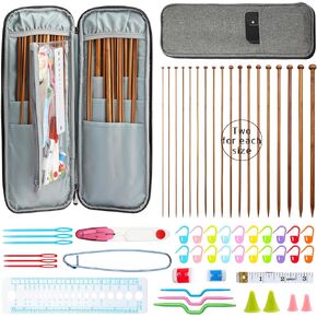 KOKNIT 13.5" Knitting Needles Set, 36 PCS Full Smooth Bamboo Single Pointed Staight Sweater Needles with Case, Perfect Knitting Set with Accessories