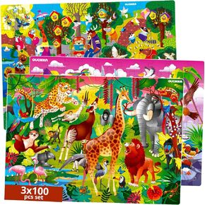 QUOKKA 100 Piece Puzzles for Kids Ages 8-10 – 3XSET Puzzles for Kids Ages 4-6 – Toy for Learning Wildlife Neighbors and Feathered Friends for 5-8 Year Old – Toddler Game Gift for Boy and Girl