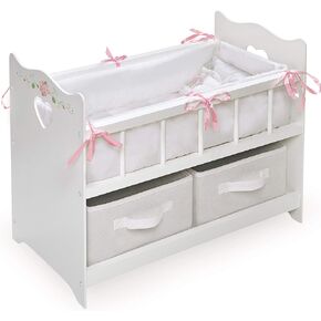 Badger Basket Toy Doll Bed with White Bedding, Storage Baskets, and Personalization Kit for 20 inch Dolls - White Rose