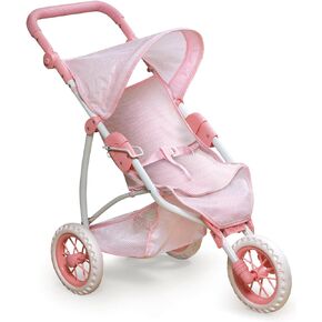 Badger Basket Folding Three-Wheel Doll Jogging Stroller for Dolls 18 to 22 Inches, Adhustable Handle - Lightweight, Easy Storage, Pink/Gingham Design with Safety Straps
