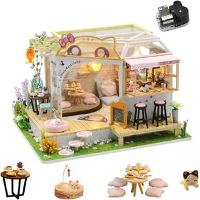 DIY LED Lights Miniature Dollhouse Kit Cat Coffee Doll House Model Wooden Furniture for Christmas 's Day Creative Gifts with Dust Cover and Music （Cat Coffee Shop ）