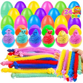 24 Pack Prefilled Easter Eggs with Bunny Stretchy Strings Sensory Fidget Toys Great for Kids Toddlers Easter Basket Stuffers Egg Fillers