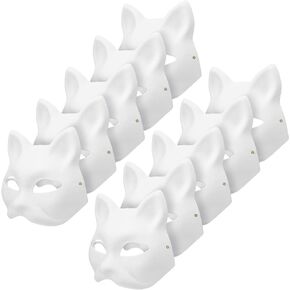 10PCS Cat Mask Therian Masks White Cat Masks to Paint Blank Animal Dress Up Masks DIY White Masks Half for Masquerade Halloween Kids Cosplay Masks Costume Party Favors
