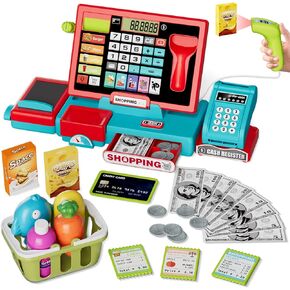 Kids Cash Register Toy Playset with Real Calculator, Toddler Pretend Play Store incl Scanner/Credit Card/Play Money/Conveyor/Food Toys, Learning Toys Gifts for Boys Ages 4-8 8-12, Red