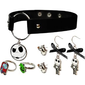 The Nightmare Before Christmas themed 2-Piece Adjustable Ring Set, a pair of stud and fishhook drop earrings, and a choker for Girls - the Nightmare Before Christmas Themed Charms, Universally Fitting & Stylish Gifts and Accessories A Must-Have Accessory