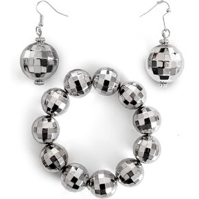 Skeleteen Disco Ball Jewelry Set - 1970s Silver Diva Mirror Balls Costume Bracelet and Earrings Rave Accessories Set for Women and Girls