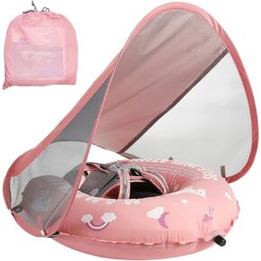 Mambobaby Baby Float Self-Inflating Baby Pool Float, AnjeeIOT Newest Compressible Pool Swim Float Infant Soft Solid Swimming Trainer, Baby Float with Removable UPF 50+ UV Sun Protection Canopy