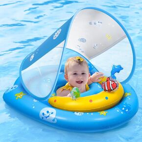 Lomiker Baby Pool Float- Inflatable Infant Pool Float with Canopy UPF50+ Sun Protection - Baby Swimming Float with Toy Play Console Adjustable Safety Seat for 6-36 Months Toddler-Bule
