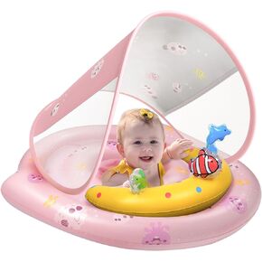 Lomiker Baby Pool Float- Inflatable Infant Pool Float with Canopy UPF50+ Sun Protection - Baby Swimming Float with Toy Play Console Adjustable Safety Seat for 6-36 Months Toddler-Bule