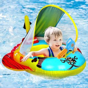 Baby Pool Float with Removable UPF 50+ Canopy and Water Gun,Pirate Boat Shaped Swim Float Boat for Toddler Swim Ring Pool Spring Floaties Summer Beach Outdoor Play Perfect Oudoor Water Toys