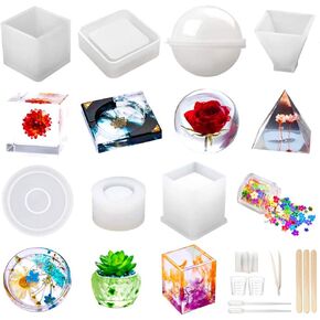 Resin Molds Silicone Kit 20Pcs,Epoxy Resin Molds Including Sphere,Cube,Pyramid,Square,Round, Used for Create Art,DIY,Ash Trays,Coasters,Candles.Bonus Decorative Sequins and The Complete Set Tools