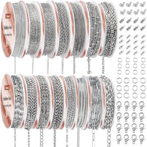 Necklace Chains for Jewelry Making, 118 Feet 15 Rolls Stainless Steel Jewelry Chains for Necklace Bracelet Making with Stainless Steel Jump Rings/Lobster Clasps/Connectors