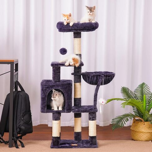 Heybly Cat Tree with Toy, Cat Tower condo for Indoor Cats, Cat House with Padded Plush Perch, Cozy Hammock and Sisal Scratching Posts, Smoky Gray HCT004SG in Kuwait
