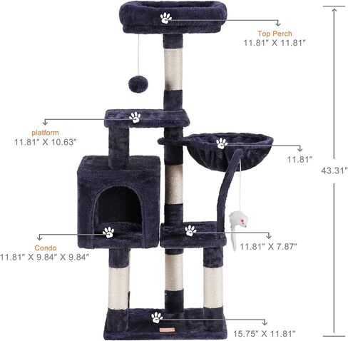 Heybly Cat Tree with Toy, Cat Tower condo for Indoor Cats, Cat House with Padded Plush Perch, Cozy Hammock and Sisal Scratching Posts, Smoky Gray HCT004SG in Kuwait