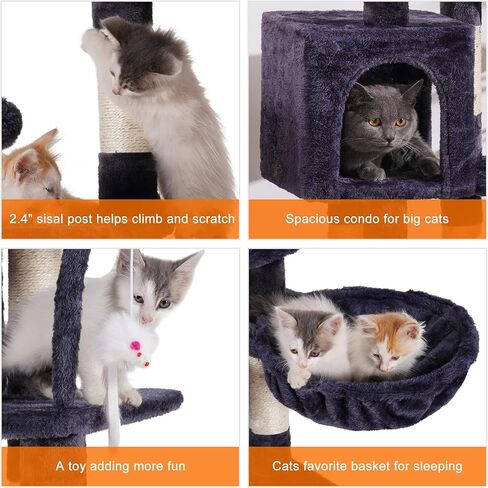 Heybly Cat Tree with Toy, Cat Tower condo for Indoor Cats, Cat House with Padded Plush Perch, Cozy Hammock and Sisal Scratching Posts, Smoky Gray HCT004SG in Kuwait