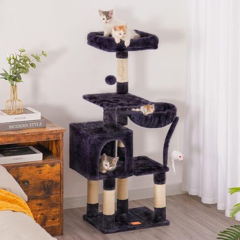 Heybly Cat Tree with Toy, Cat Tower condo for Indoor Cats, Cat House with Padded Plush Perch, Cozy Hammock and Sisal Scratching Posts, Smoky Gray HCT004SG in Kuwait