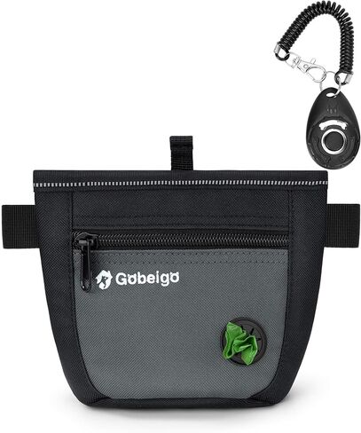 Gobeigo Dog Treat Pouch and Training Clicker, Upgrade Two Magnetic Closure to Prevent Spills, 2 Cup Treat Bag with Poop Bag Dispenser, Metal Clip Waist Belt Fanny Pack for Pet Walking (Black/Gray) in Kuwait