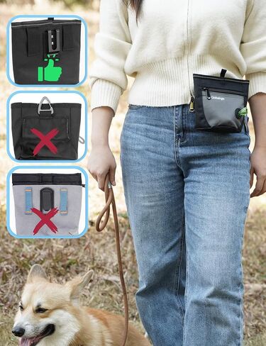 Gobeigo Dog Treat Pouch and Training Clicker, Upgrade Two Magnetic Closure to Prevent Spills, 2 Cup Treat Bag with Poop Bag Dispenser, Metal Clip Waist Belt Fanny Pack for Pet Walking (Black/Gray) in Kuwait