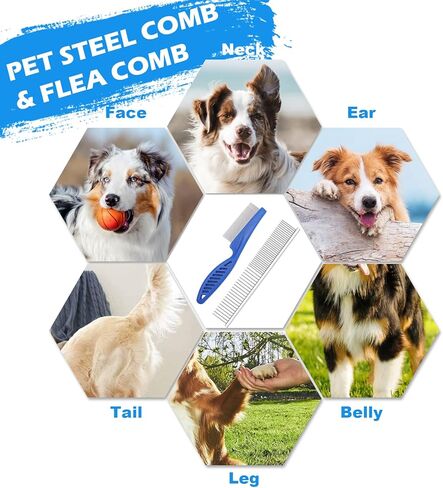 طقم العناية بالكلاب مكون من 7 قطع، فرشاة لإزالة تساقط الشعر، فرشاة دبوس للكلاب، مشط للبراغيث للكلاب، مشط معدني، فرشاة حمام، مقص أظافر للكلاب ومبرد أظافر، مجموعة فرشاة للكلاب الصغيرة والمتوسطة والكبيرة (أزرق) in Kuwait