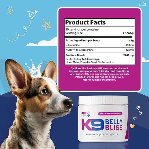 Pup Labs K9 Belly Bliss, All-Natural Gut Health for Dogs, Vet Approved Prebiotic for Dogs for Daily Digestive Support and Dog Constipation Relief, Easy to Use Topper for Dry and Wet Food, 30 Scoops. in Saudi Arabia