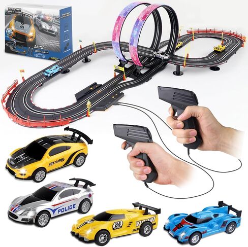 مجموعات مسارات سباق السيارات ذات الفتحات، مسار كهربائي بطول 19 قدمًا مع أضواء LED و4 سيارات ذات فتحات، 2 وحدة تحكم يدوية وعدادات لألعاب السباق، مجموعة مسار السباق تتميز بحلقة ودوران وكروس أوفر للأولاد من سن 6 إلى 12 عامًا in Kuwait