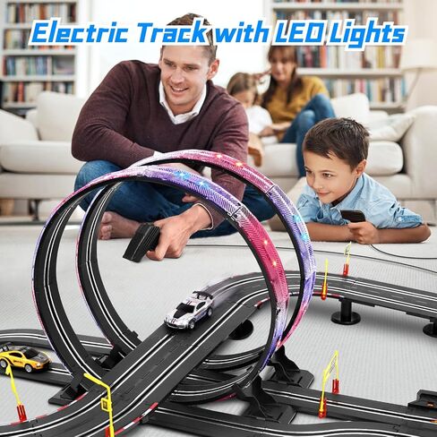 مجموعات مسارات سباق السيارات ذات الفتحات، مسار كهربائي بطول 19 قدمًا مع أضواء LED و4 سيارات ذات فتحات، 2 وحدة تحكم يدوية وعدادات لألعاب السباق، مجموعة مسار السباق تتميز بحلقة ودوران وكروس أوفر للأولاد من سن 6 إلى 12 عامًا in Kuwait