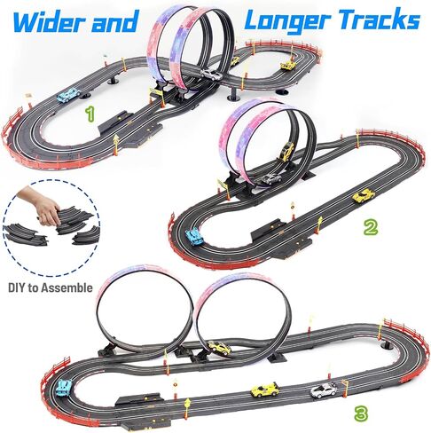 مجموعات مسارات سباق السيارات ذات الفتحات، مسار كهربائي بطول 19 قدمًا مع أضواء LED و4 سيارات ذات فتحات، 2 وحدة تحكم يدوية وعدادات لألعاب السباق، مجموعة مسار السباق تتميز بحلقة ودوران وكروس أوفر للأولاد من سن 6 إلى 12 عامًا in Kuwait